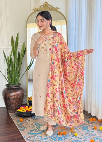 Cream Rayon Elegant Kurta Pant Set With Embroidery Work